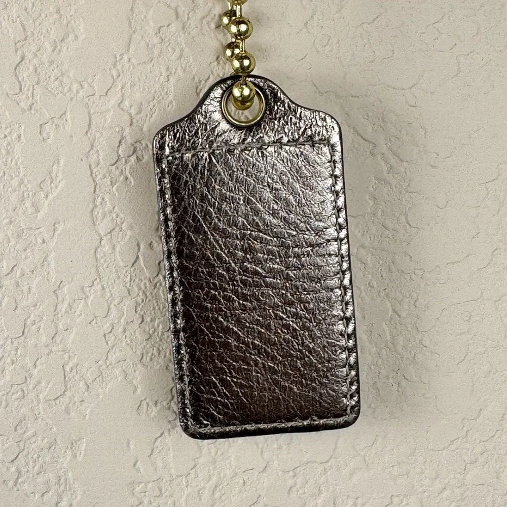 Coach Metallic Bronze Leather Hangtag‎ Keychain Gold Ball Chain Bag Charm